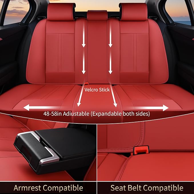 Seat Covers, Car Seat Covers Full Set, Luxury Nappa Leather Seat Covers, Breathable and Waterproof Car Seat Protector 5 Seat, Automotive Seat Covers Universal Fit for Most Cars-Red - Image 4