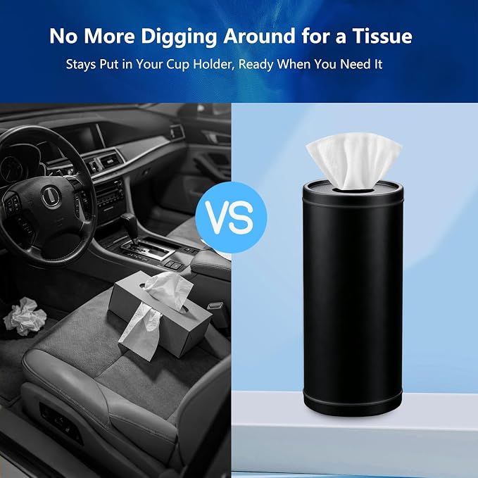 Car Tissues Cylinder, Cup Holder Car Tissue Box, Detachable Easy Cleaning Tissue Holder with 1 Pack Tissues, Black - Image 3
