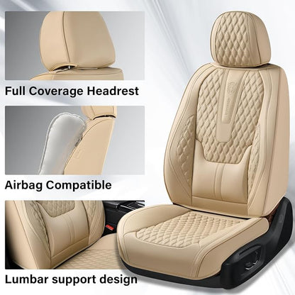 Coverado Front Seat Covers, Car Seat Covers Front Seats, Nappa Leather Seat Covers for Cars, Waterproof Seat Covers with Lumbar Support Universal Fit for Most Cars SUV Trucks (Front, Beige) - Image 3