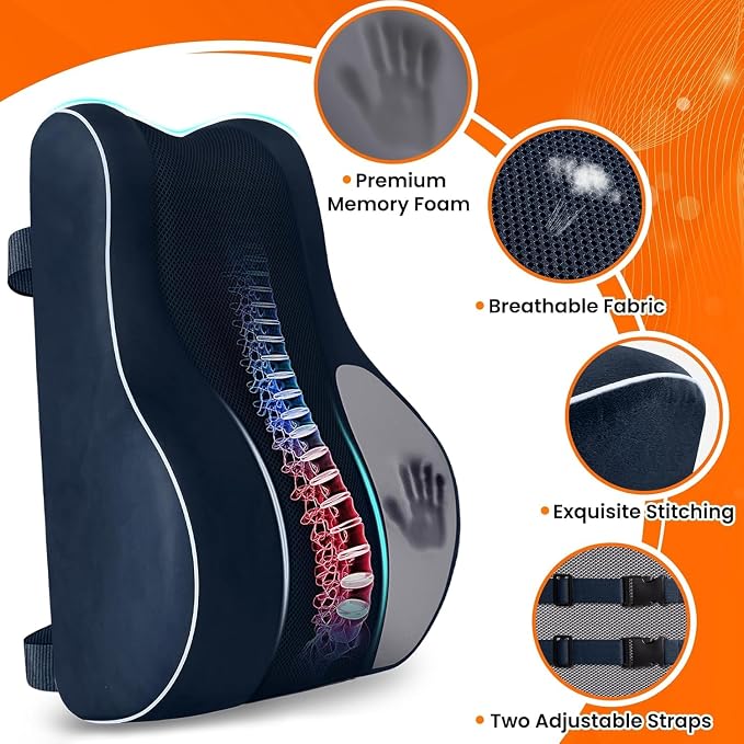 CloudBliss Lumbar Support Pillow, Memory Foam for Office, Standard, Blue | Ergonomic High-Density Memory Foam, Adjustable Straps, Washable Mesh Cover, Lower Back Support for Office, Gaming & Car Seat - Image 4
