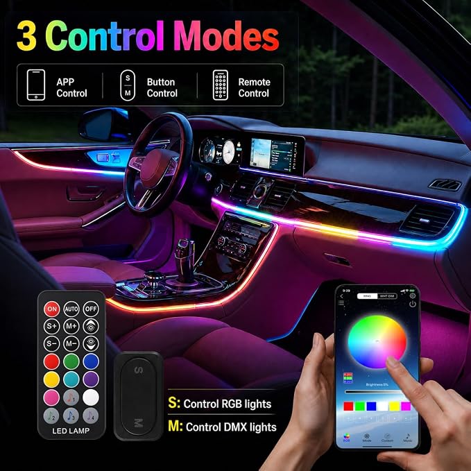 Interior Car LED Strip Lights, 8-in-1 Acrylic RGB Ambient Lighting Kit | Dynamic Dreamcolor Chasing, Music Sync, Wireless APP & RF Remote Control for Car Interior Ambient Lighting - Image 3