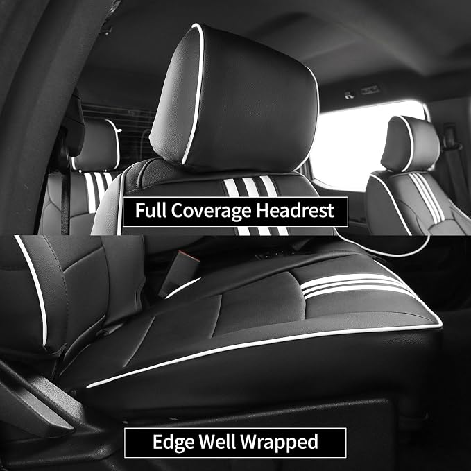 EKR F150 Seat Covers Custom Fit for (RegularCab) 2015-2020 Ford F150 XL/XLT & 2017-2022 F250/F350/F450 SuperDuty XL/XLT(First Row Only),Faux Leather(Black with White Trim) - Image 3