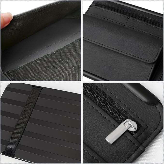 Zipelo 12.2 x 6.5 Inch PU Leather Car Sun Visor Organizer, Black | ABS backing, mesh and zipper pockets, holds cards glasses pens and cables, dual elastic strap mounting, fits most sunshades - Image 6