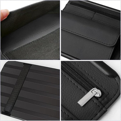 Zipelo 12.2 x 6.5 Inch PU Leather Car Sun Visor Organizer, Black | ABS backing, mesh and zipper pockets, holds cards glasses pens and cables, dual elastic strap mounting, fits most sunshades - Image 6