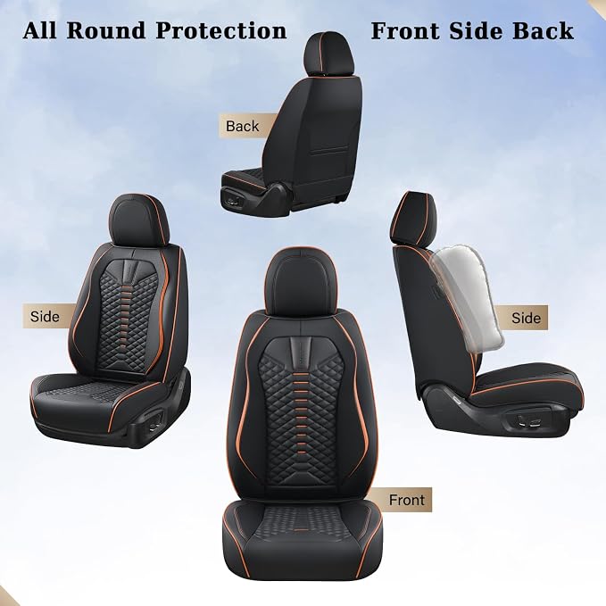 Coverado Automotive Seat Covers, Car Seat Covers Front Seats, Nappa Leather Black Orange Car Seat Cover, Waterproof Seat Cushion, 2 Pack Front Seat Covers Driver Seat Protector Fit for Most Cars SUV - Image 7