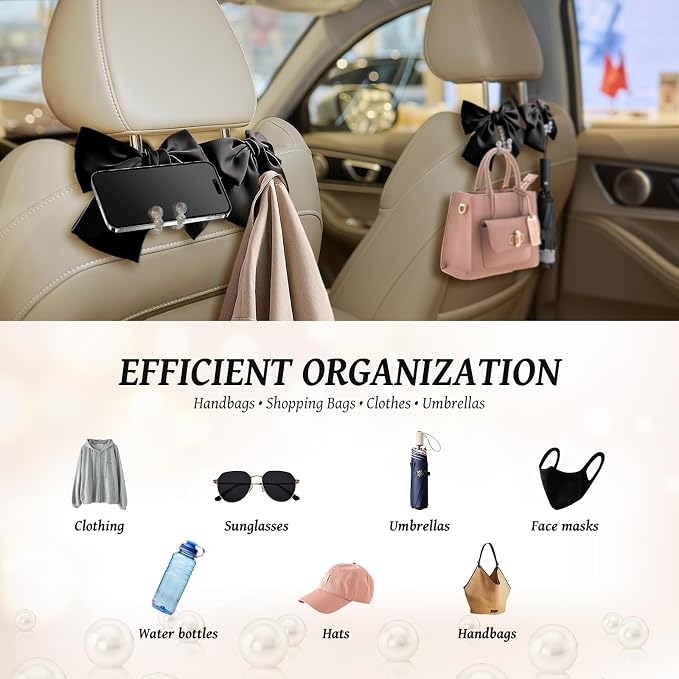 2 PCS Bow Pearl Car Seat Headrest Hook – Cute Purse Hook for Car, Girly Interior Decoration Accessories Hook Hanger, Seatback Holder for Purses & Bags, Elegant Car Organizer (Black) - Image 4
