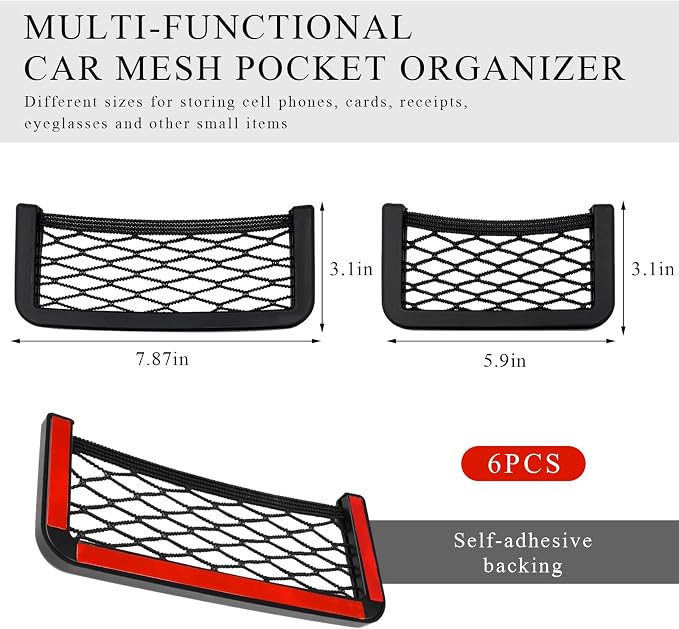 Ohleats 6 PCS Car Pocket Phone Nets, Purse Phone Holder Mesh Storage Bag with Double Sided Tape, Stick on Organizer Seat Side Back Automotive Storage Net Bag, Car Accessories - Image 2