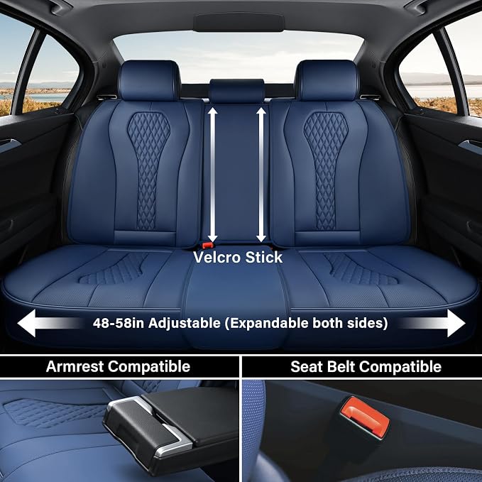 Coverado Car Seat Covers, Rear Car Seat Cover, Blue Leather Seat Cover, 3-Pieces Car Seat Cushion, Luxury Seat Cover Seat Protector Universal Fit Most Cars - Image 2