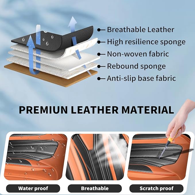 Fit Kicks Car Seat Covers Premium Leather Compatible with Nissan Kicks 2018 2019-2026 (5 Seats Full Set Waterproof Breathable All-Weather Seat Cushion Protector（5 Seats Orange & Black) - Image 6