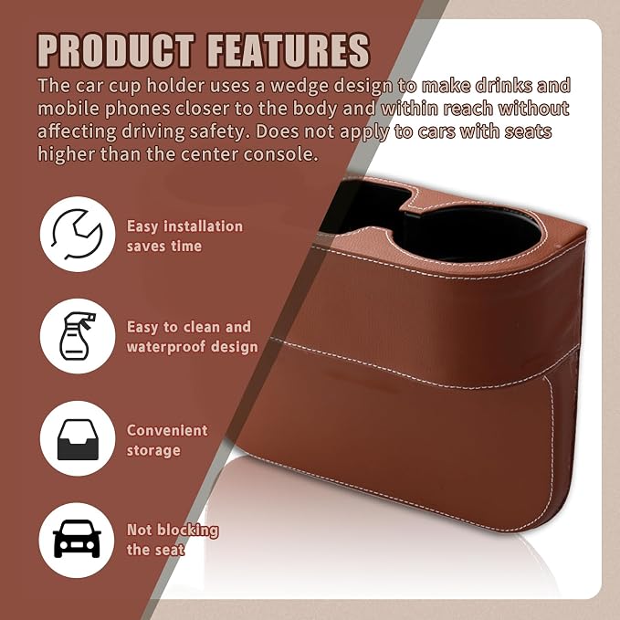 Car Cup Holder, PU Leather Auto Front Seat Organizer, Multifunctional Cup Drink Holders, Gap Filler Storage Box Coin Bucket Console Side Pocket Cell Mobile Phone Holder (Brown) - Image 5