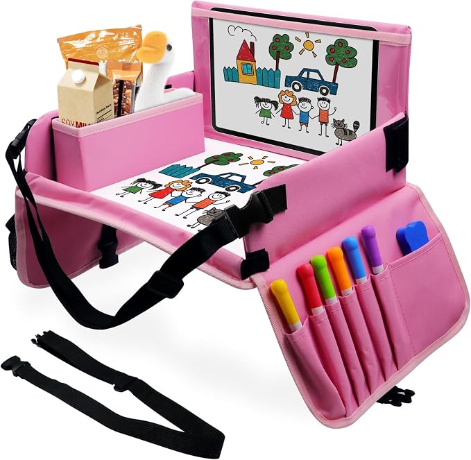 Car Seat Tray for Kids Travel, Carseat Tray for Toddler Road Trip Activities, Car Trays for Kids Road Trip Essentials, Travel Trays for Airplane, Toddler Car Seat Lap Table - Pink by Julaiwy