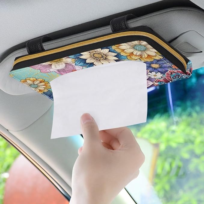 Biyejit 2 Pack Car Tissue Holder, Boho Flowers Hanging Napkin Case, PU Leather Tissue Box for Sun Visor, Backseat Decor - Image 3