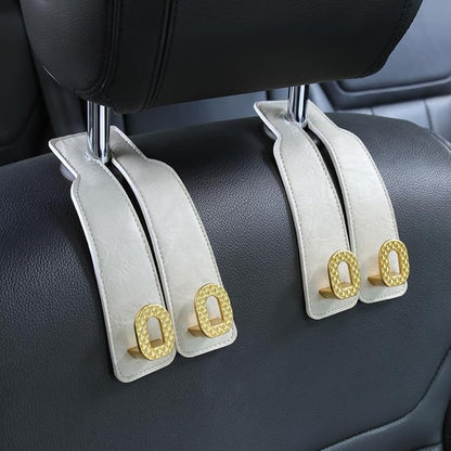 Car Headrest Hooks Universal Car Purse Hook Premium Leather and Alloy Twin Hook Car Seat Back Storage Hanger Hook for Purse Bags Cloth Drink Durable Holder Car Accessories (BH09-White-Gold-4 Pcs) - Image 2