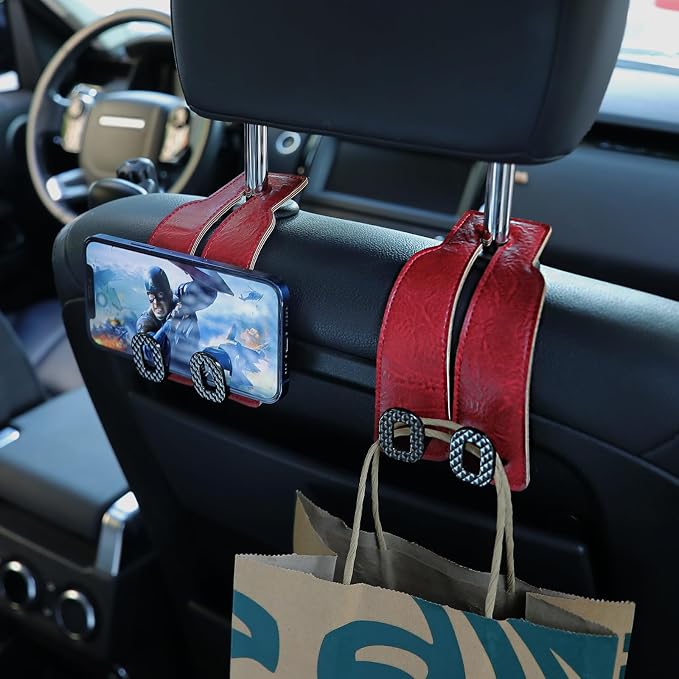Car Headrest Hooks Universal Car Purse Hook Premium Leather and Alloy Twin Hook Car Seat Back Storage Hanger Hook for Purse Bags Cloth Drink Durable Holder Car Accessories (BH09-Red-Black) - Image 2