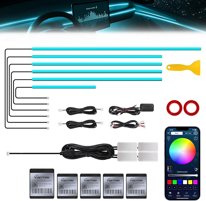 RGB Acrylic Interior Car LED Strip Light with Wireless APP, 10 in 1 with 175 inches 593 LEDs Neon LED Strip Light, 16 Million Colors Dynamic Music Sync Car Ambient Lighting Kits by MAODANER