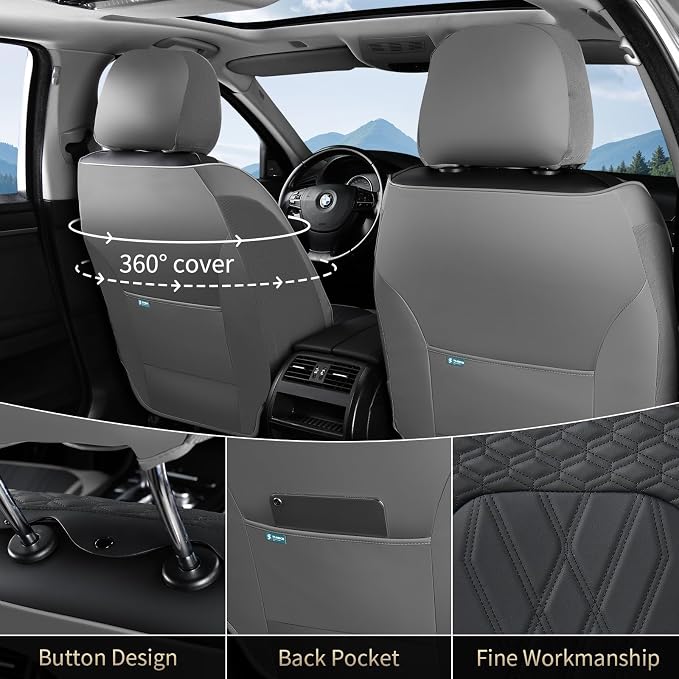 FLORICH Car Seat Covers Front Seat Waterproof Faux Leather Seat Covers for Cars Premium Breathable Car Seat Protector Interior Covers Non-Slip Universal Fit for Most Car Truck SUV, Gray&Black - Image 2