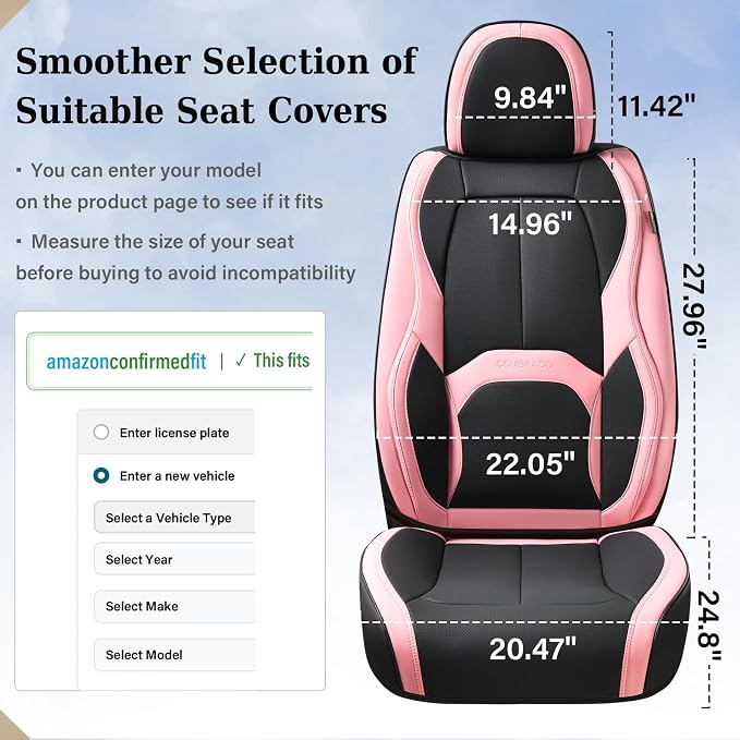 Coverado Car Seat Covers Full Set, Waterproof Nappa Leather Seat Covers for Car, Car Seat Protector with Lumbar Support, Automotive Seat Covers Universal Fit for Most Cars SUV Trucks, (Black&Pink) - Image 8