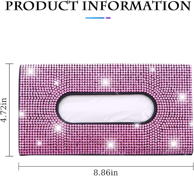 Bling Car Sun Visor Tissue Box Holder, Rhinestone PU Leather Crystal Sparkling Napkin Holder, Backseat Paper Towel Cover Case Car Accessories for Women (Pink) - Image 2