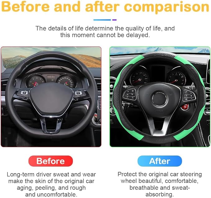 Osilly 15 Inch Carbon Fiber PU Leather Steering Wheel Cover, Green | full-wrap protective surface, flexible ringless design, hand-stretch setup, fits matching rim sizes, automotive accessories - Image 3