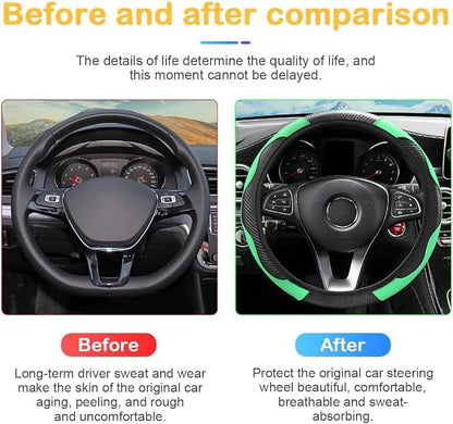 Osilly 15 Inch Carbon Fiber PU Leather Steering Wheel Cover, Green | full-wrap protective surface, flexible ringless design, hand-stretch setup, fits matching rim sizes, automotive accessories - Image 3