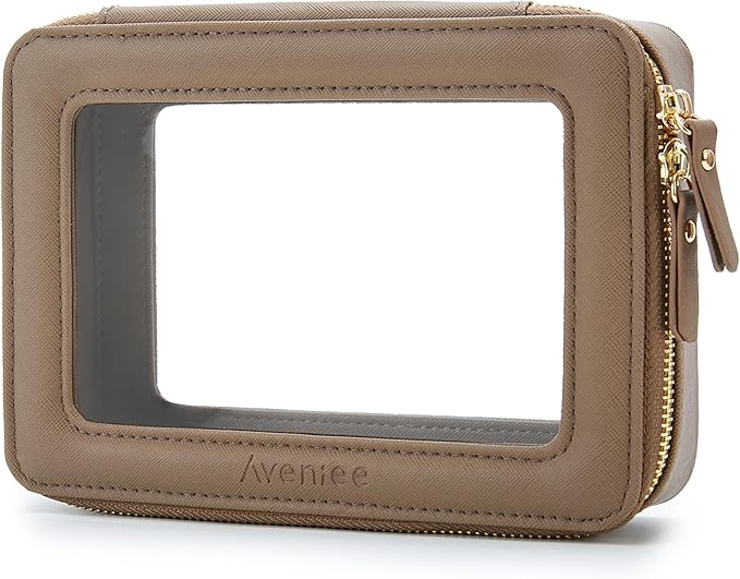 Aveniee Clear Makeup Bag for Women, Small Toiletry Travel Bag with Zipper, Portable Cosmetic Organizer Pouch for Skincare, Car Organizer Storage Bag for Essentials, Taupe,Medium Classic by Aveniee