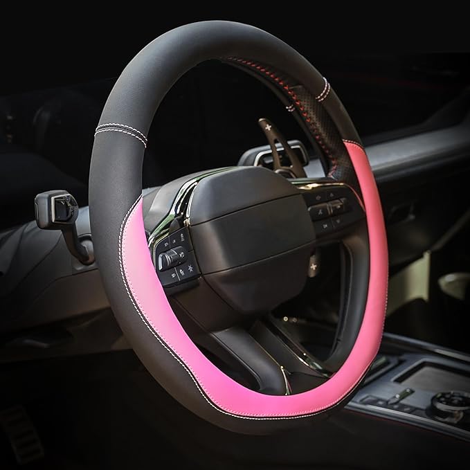 Microfiber Leather Steering Wheel Cover Large-Size for F150 F250 F350 Ram 4Runner Tacoma Tundra Range Rover Model S X with 15 1/2 inches-16 inches Outer Diameter Pink by Valleycomfy