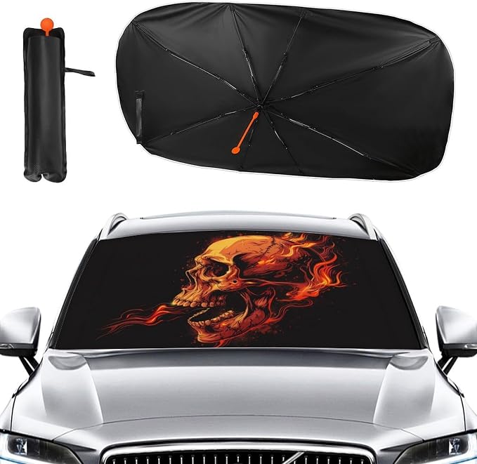Skull Breathing Fire Car Windshield Sun Shade Foldable Umbrella Auto Sunshade for Car Truck SUV-Blocks Sun Visor Protector-Keeps Your Vehicle Cool - Image 2