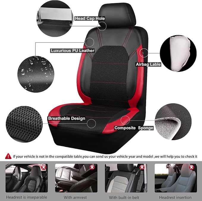 CAR PASS Air Mesh Leather Car Seat Covers for Front Seats, Waterproof Car Floor Mats, Sporty Steering Wheel Cover, Universal Fit for 95% Cars Truck SUV (Black and Red) - Image 4
