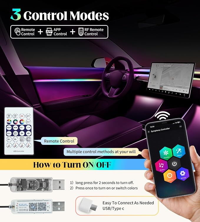 KENANEK 55.12Inch 6in1 Tesla Interior Lights, 5V USB & Type-C Powered, Acrylic Interior Car LED Strip Lights, App Controlled Music Sync, OEM-Style Ambient Lighting with Dreamcolor Effects - Image 5