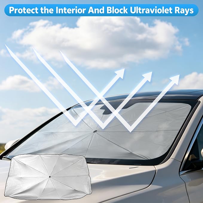 [2026 Upgrade] Windshield Sun Shade Umbrella, Foldable Car Front Window Sunshade with Titanium Silver Coating, Blocks UV Rays & Heat Insulation, Keeps Car Cool, Fits Sedan Truck Pickup SUV RV - Image 2