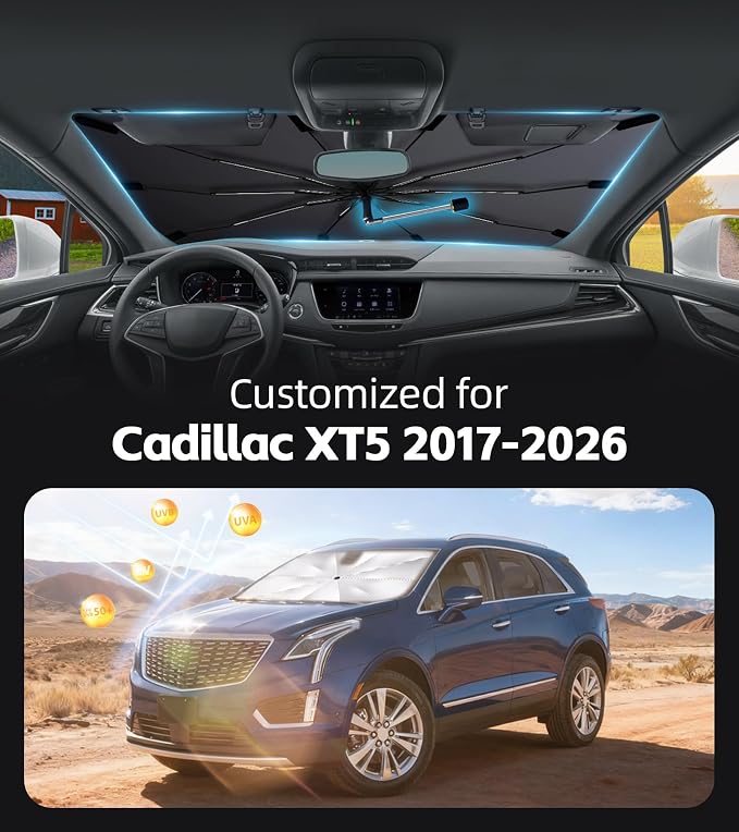 Windshield Sun Shade for Cadillac XT5 2017-2026 with 360° Rotating Shaft | Custom Fit Umbrella Sunshade for UV Blocking, Interior Heat Protection, Easy Storage, UPF 50+ Cool Windshield Cover - Image 2