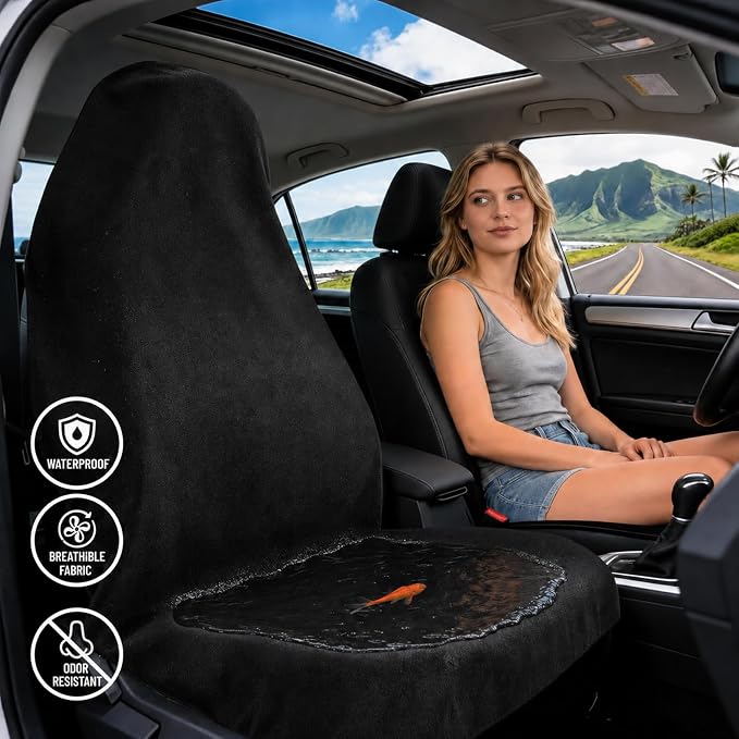ZIMABLUE 2 Pack Waterproof Towel Car Seat Covers, 1kg Heavy Duty 3-Layer Microfiber Sweat Protector, Non-Slip Machine Washable Universal Bucket Seat Covers for Cars, SUVs, Gym, Beach, Pets, Black - Image 2