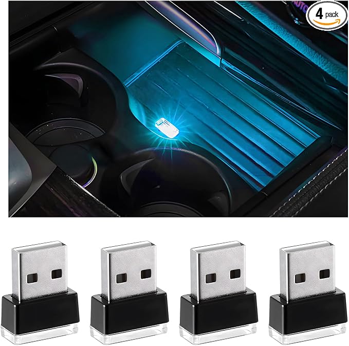 Yourkar 4 PCS USB LED Car Interior Atmosphere Lamp, Plug-in USB Interface Trunk Ambient Lighting Kit, Night Led Decoration Mini USB Light, Universal Interior Car Accessories (Ice Blue) by Unknown