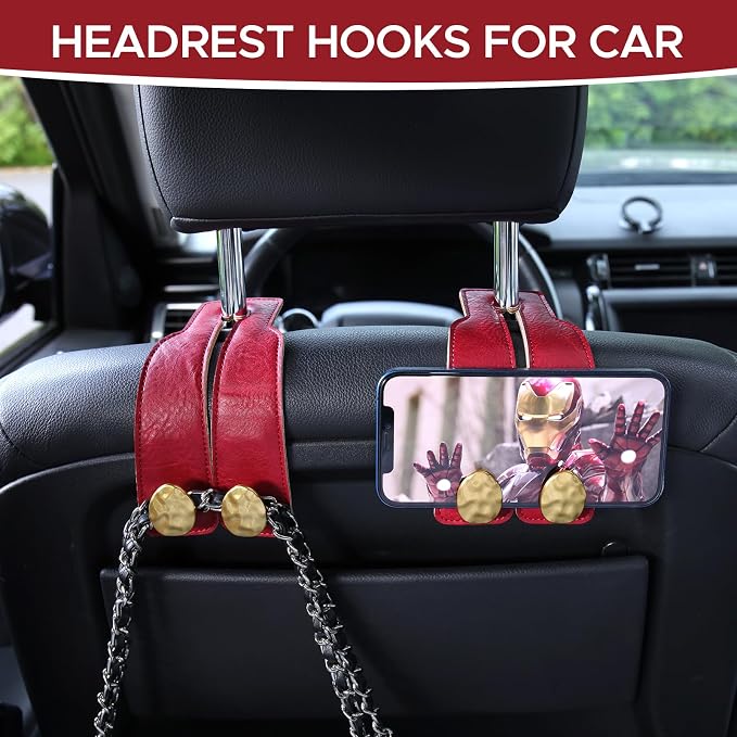 Leather Car Purse Hook for Headrest, 2 Pack (Red-Gold) | Twin Hooks Headrest Hangers, 2/4 Pack, No-Slip, Scratch-Proof, Holds Purses, Backpacks, Grocery Bags, Car Organizer Gift - Image 3