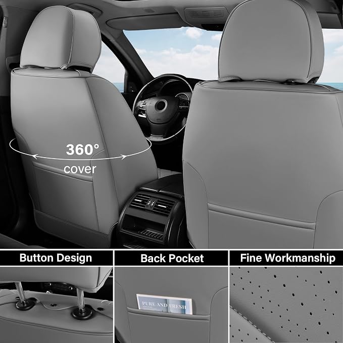 Coverado Front Seat Covers, Nappa Leather Seat Covers for Cars, Waterproof Seat Covers with Lumbar Support Universal Fit for Most Cars SUV Trucks (Front, Black-Gray) - Image 2