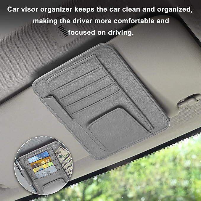 Dickno Small Leather Car Sun Visor Organizer, Multifunctional Auto Visor Document Holder with Sunglasses Clip, Universal Car Interior Organizer for Drving License, Card, Pen (Gray) - Image 4