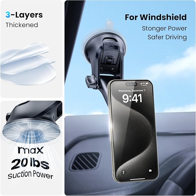 APPS2Car Magnetic Phone Mount for Car, Dashboard & Windshield Suction Cup Holder with Telescopic Arm, Requires Metal Plate for Proper Use, Fit for Android Smartphones(NOT for MagSafe) - Image 2