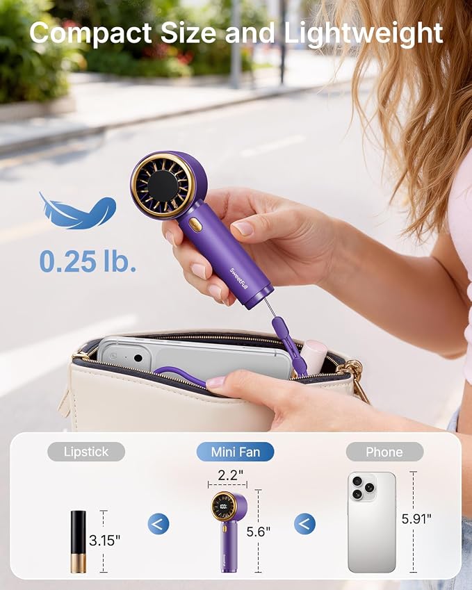 SWEETFULL Portable Handheld Fan, Mini Rechargeable Personal Hand Fan | Strong Airflow, Up to 12H, Pocket-Sized, 5 Speeds, Quiet Cooling Travel Essentials, Cute Gifts for Women, Girls, Lash, Makeup - Image 4