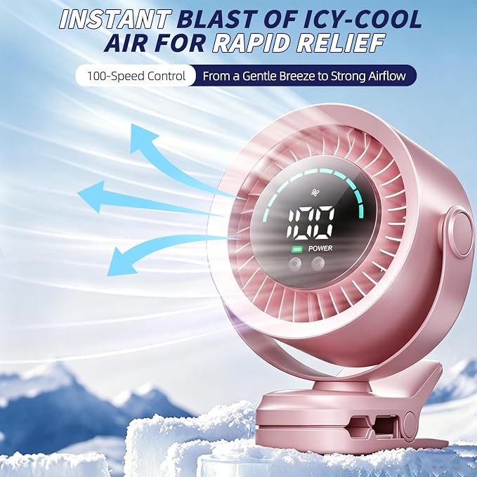 Portable Clip on Fan, Rechargeable USB Desk Fan with Turbo Airflow, 100 Speeds LED Display, 360° Rotation, Small Quiet Battery Powered Fan for Stroller Outdoor Travel Camping Golf Cart, Pink - Image 3