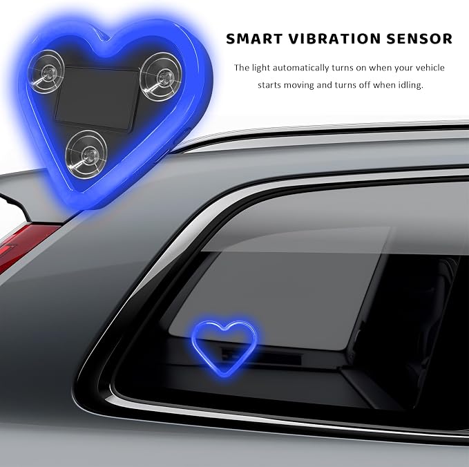 Sun Walker Heart-Shaped Car LED Ambient Light, Solar-Powered Love Heart Lamp Vehicle C-Pillar Atmosphere Light, Vibration-Sensing Triangle Window Lights Car Interior Decoration (Blue) - Image 6