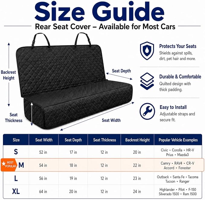 Dog Car Seat Cover & Protector, Pet Back Seat Cover for Cars & SUVs, 54" | Fits compact SUVs, EVs & sedans; protects rear bench and car interior from pet hair, kid spills, baby boy messes, and stains. - Image 2