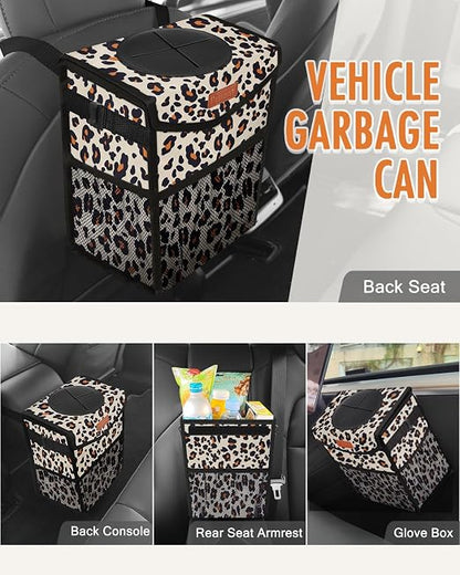 Pritent Car Trash Can with Lid Leakproof Car Garbage Bag Vehicle Trash Bin | Hanging Automotive Garbage Can,Multipurpose Car Accessories for Women Men Interior Car Storage Organizer(2 Gal,Leopard) - Image 6