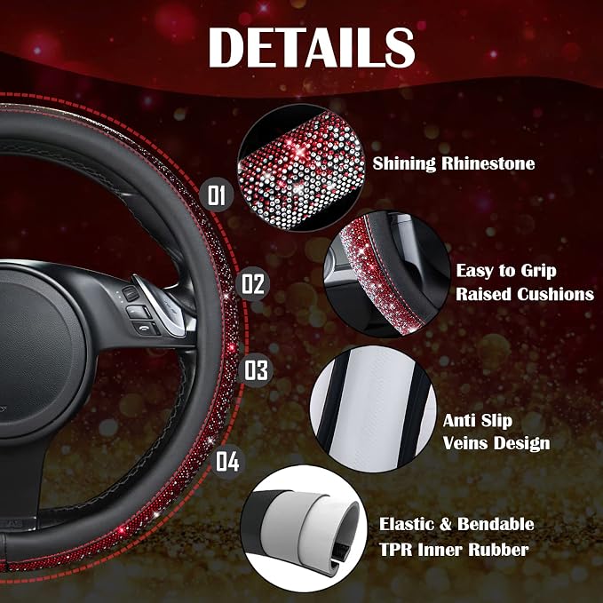 CAR PASS Bling Diamond Leather Steering Wheel Cover, Bling Sparkly Crystal Glitter Rhinestones Universal Fit 14" 1/2-15" Car Wheel Protector for Women Girl Fit Suvs,Vans,Sedans,Trucks, Red Silver - Image 5