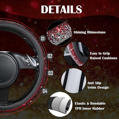 CAR PASS Bling Diamond Leather Steering Wheel Cover, Bling Sparkly Crystal Glitter Rhinestones Universal Fit 14" 1/2-15" Car Wheel Protector for Women Girl Fit Suvs,Vans,Sedans,Trucks, Red Silver - Image 5