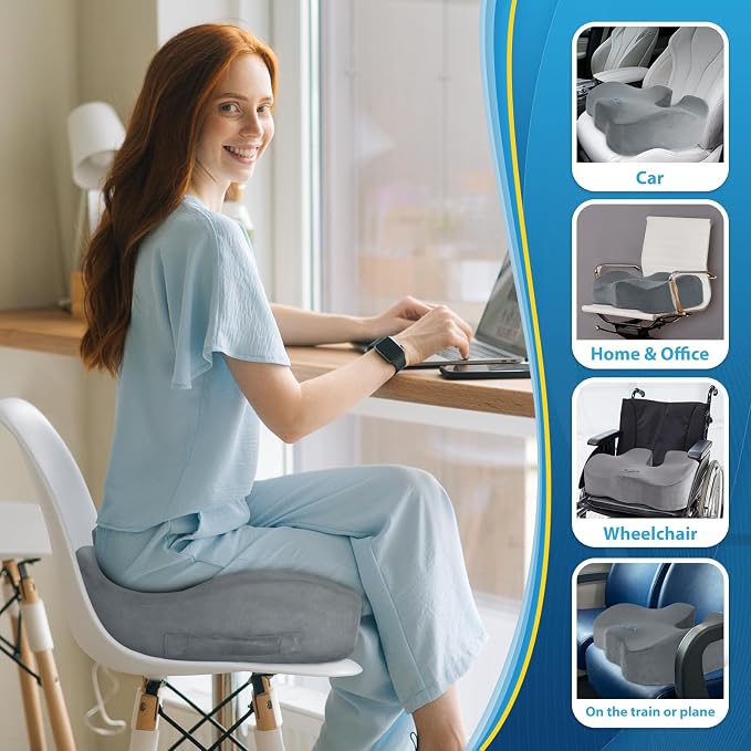 BlissTrends Memory Foam Seat Cushion for Office Chair & Car Seat, LightGrey | Ergonomic Tailbone & Sciatica Support with Removable Velvet Cover for Pressure Relief and Long Sitting Comfort, 3.3" Thick - Image 6