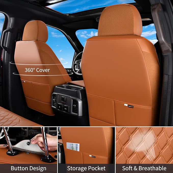 Huidasource Front Truck Seat Covers Fit for Ford F150 2015-2026&F250 F350 F450 2017-2026 All Cab XL XLT Lariat King Ranch Platinum, Waterproof Leather Automotive Car Seat Cover(Front Pair/Brown) - Image 3