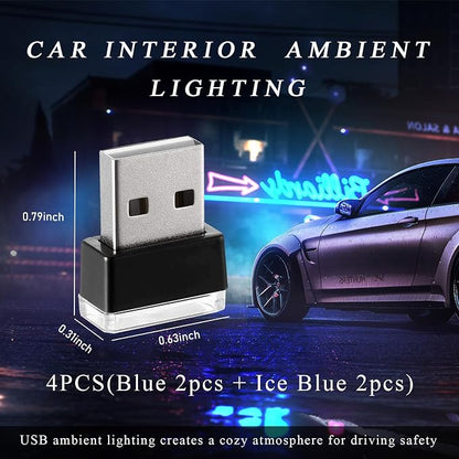 Yourkar 4 PCS USB LED Car Interior Atmosphere Lamp, Plug-in USB Interface Trunk Ambient Lighting Kit, Night Led Decoration Mini USB Light, Universal Interior Car Accessories (Blue+Ice Blue) - Image 2