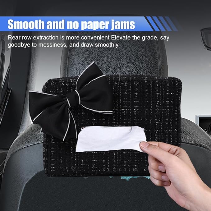 Car Tissue Holder, Cute Bow Tissue Box Cover for Auto Backseat, Rectangle Auto Napkin Holder Keep Car Tidy, Universal Napkin Storage Organizer for Vehicle Sun Visor, Headrest (Black) - Image 4