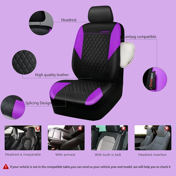 CAR PASS Purple Leather Seat Covers, Quilting Pretty Car Seat Cover with 5mm Composite Sponge Inside,Airbag Compatible,Universal Fit for Most Sedan SUV Van Truck (Full Set,Purple) - Image 3