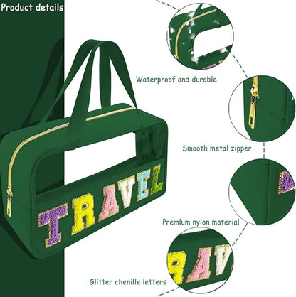 Bunliuys Chenille Letter Clear Makeup Bag Travel Patch, Travel Toiletry Makeup Bag with Handle, Nylon Waterproof Makeup Bags clear cosmetic bag, preppy patch makeup bag for Women (TRAVEL-Dark Green) - Image 3
